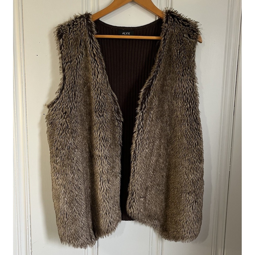 ALYX Shaggy Brown Faux Fur Gilet Vest Ribbed Knit Back Open Front Size 2X